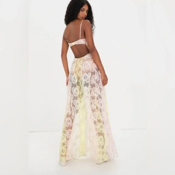 NWT | For Love & Lemons Blossom Ivory Yellow Peach Lace Corset Maxi Dress Medium - Picture 4 of 9